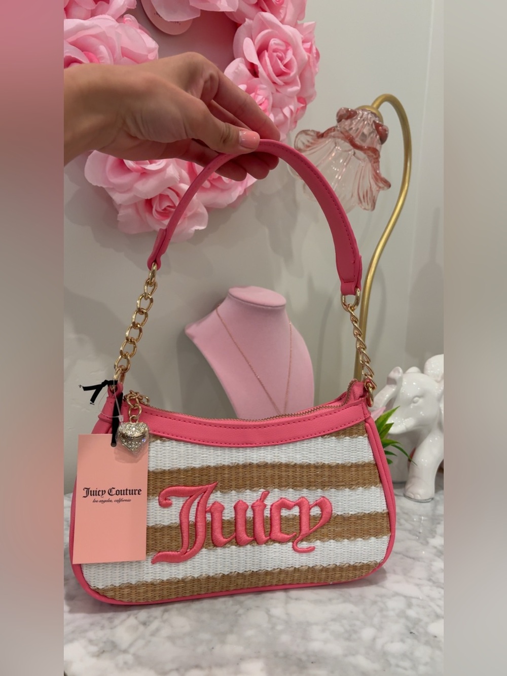 Juicy Couture White and Tan Striped Shoulder Bag with Pink Trim